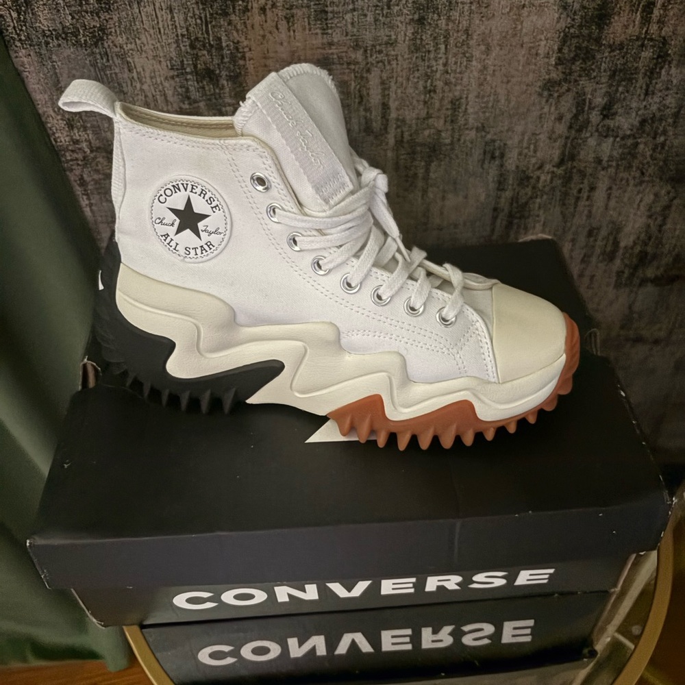 Converse White and Black High-Tops with Brown Accents